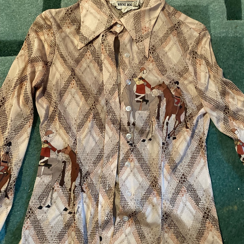 Wayne Rogers Dress Blouse with Polo Motif.  100% Nylon, classy looking!